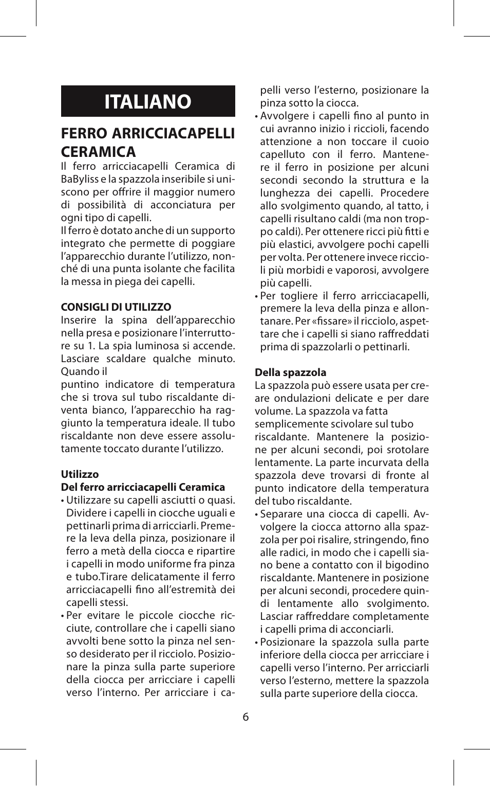 Italiano, Ferro arricciacapelli ceramica | Babyliss 271CE Pro ceramic User Manual | Page 6 / 21