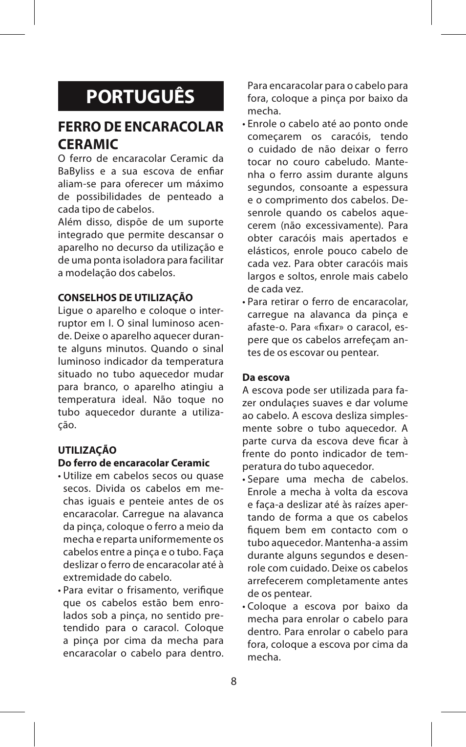 Português, Ferro de encaracolar ceramic | Babyliss 271CE Pro ceramic User Manual | Page 8 / 21