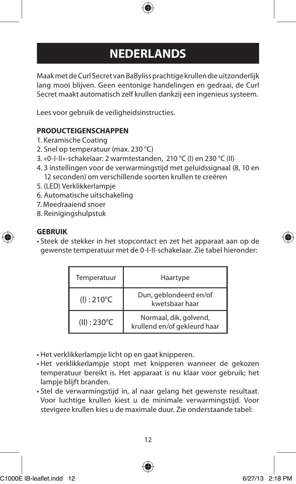 Nederlands | Babyliss C1000E Curl Secret User Manual | Page 12 / 56