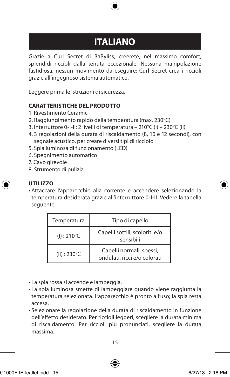 Italiano | Babyliss C1000E Curl Secret User Manual | Page 15 / 56