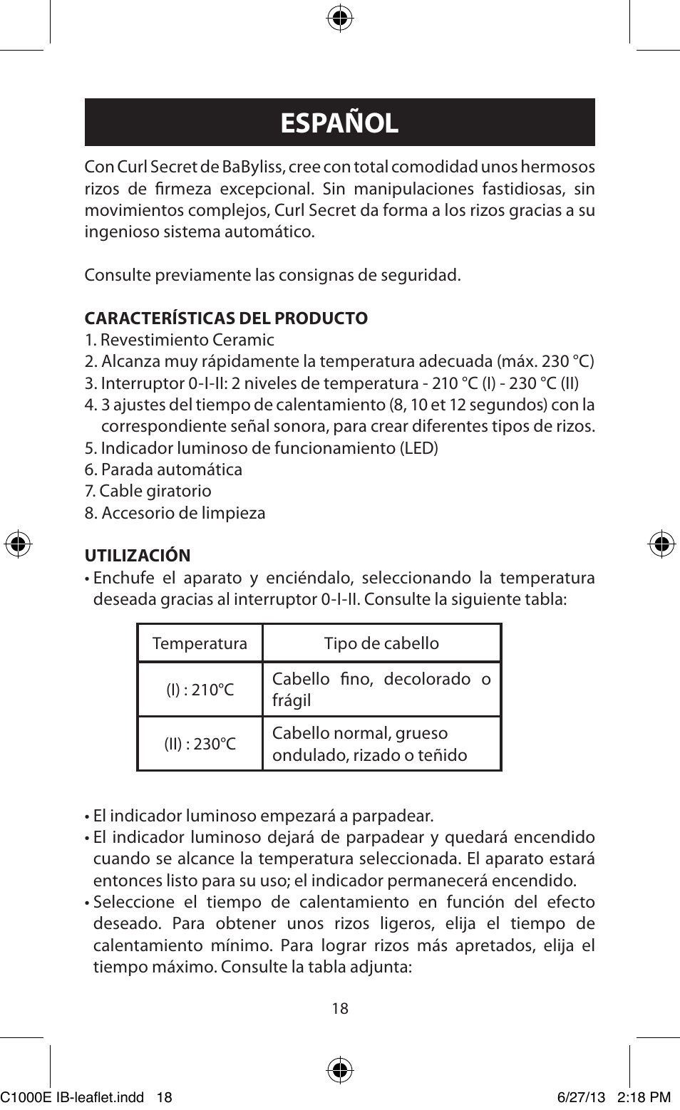 Español | Babyliss C1000E Curl Secret User Manual | Page 18 / 56