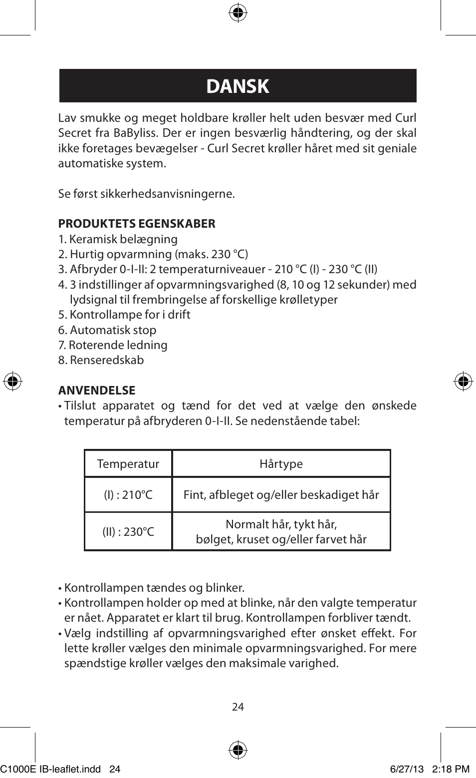 Dansk | Babyliss C1000E Curl Secret User Manual | Page 24 / 56