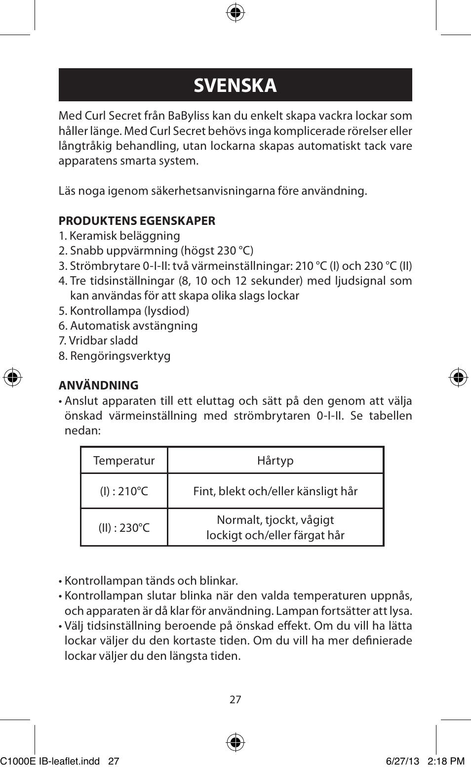 Svenska | Babyliss C1000E Curl Secret User Manual | Page 27 / 56