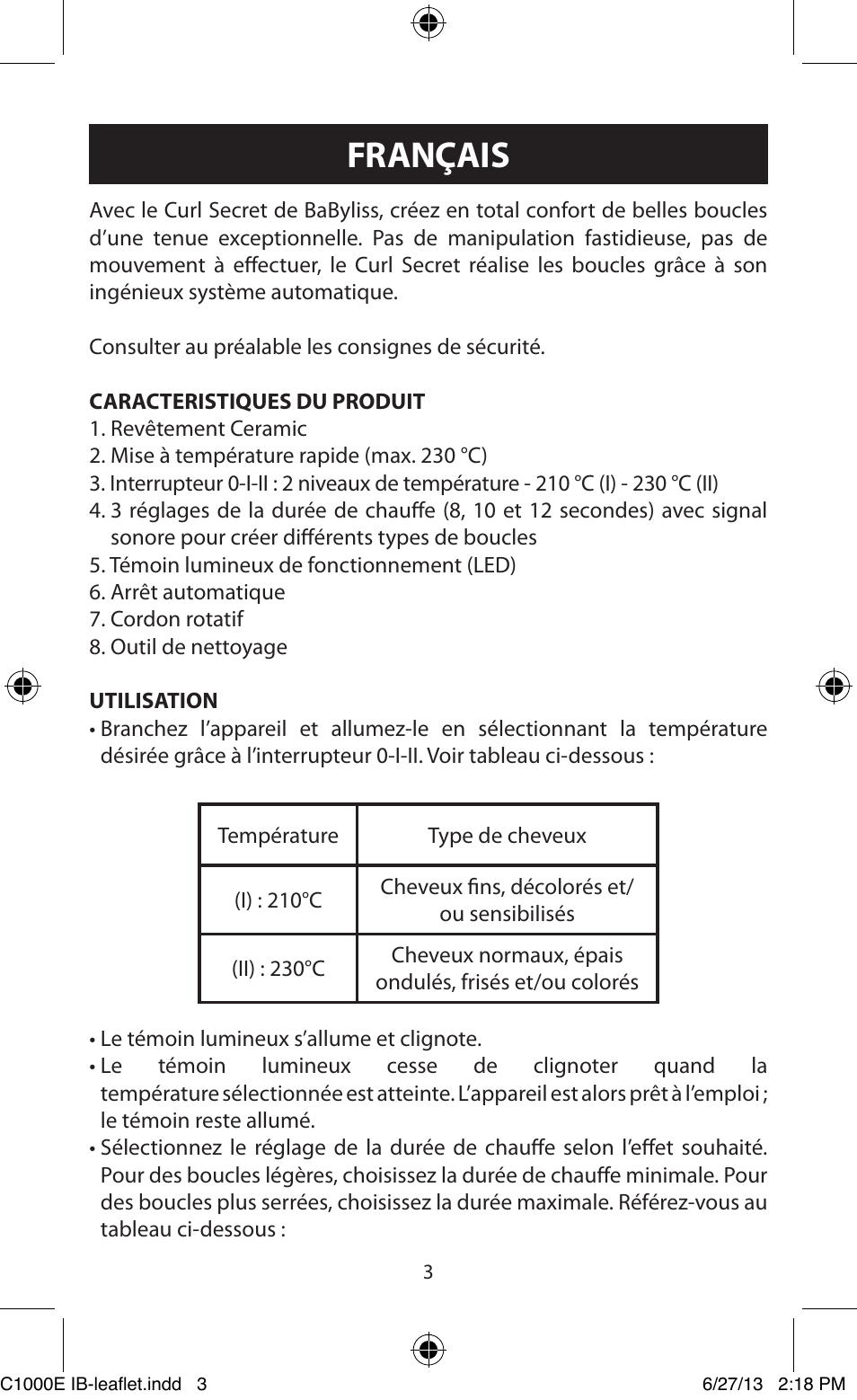 Français | Babyliss C1000E Curl Secret User Manual | Page 3 / 56