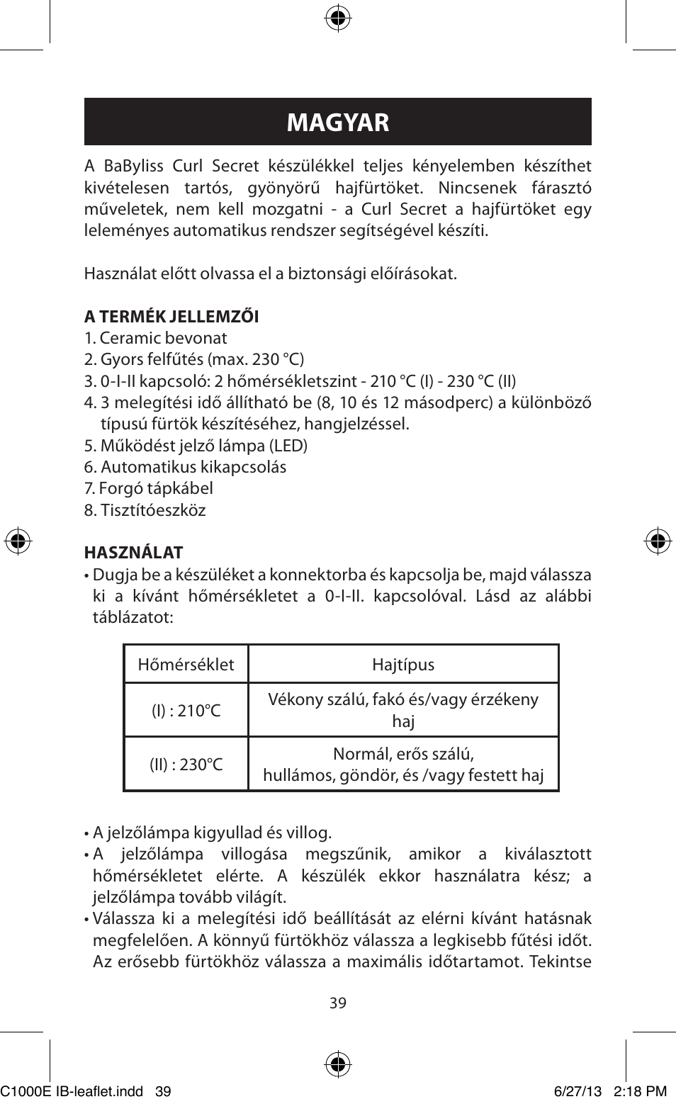 Magyar | Babyliss C1000E Curl Secret User Manual | Page 39 / 56