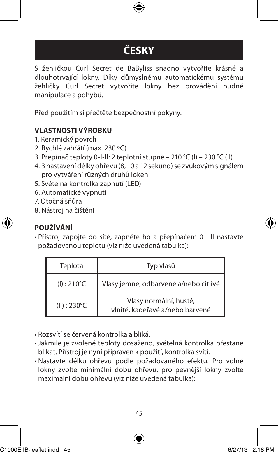 Česky | Babyliss C1000E Curl Secret User Manual | Page 45 / 56