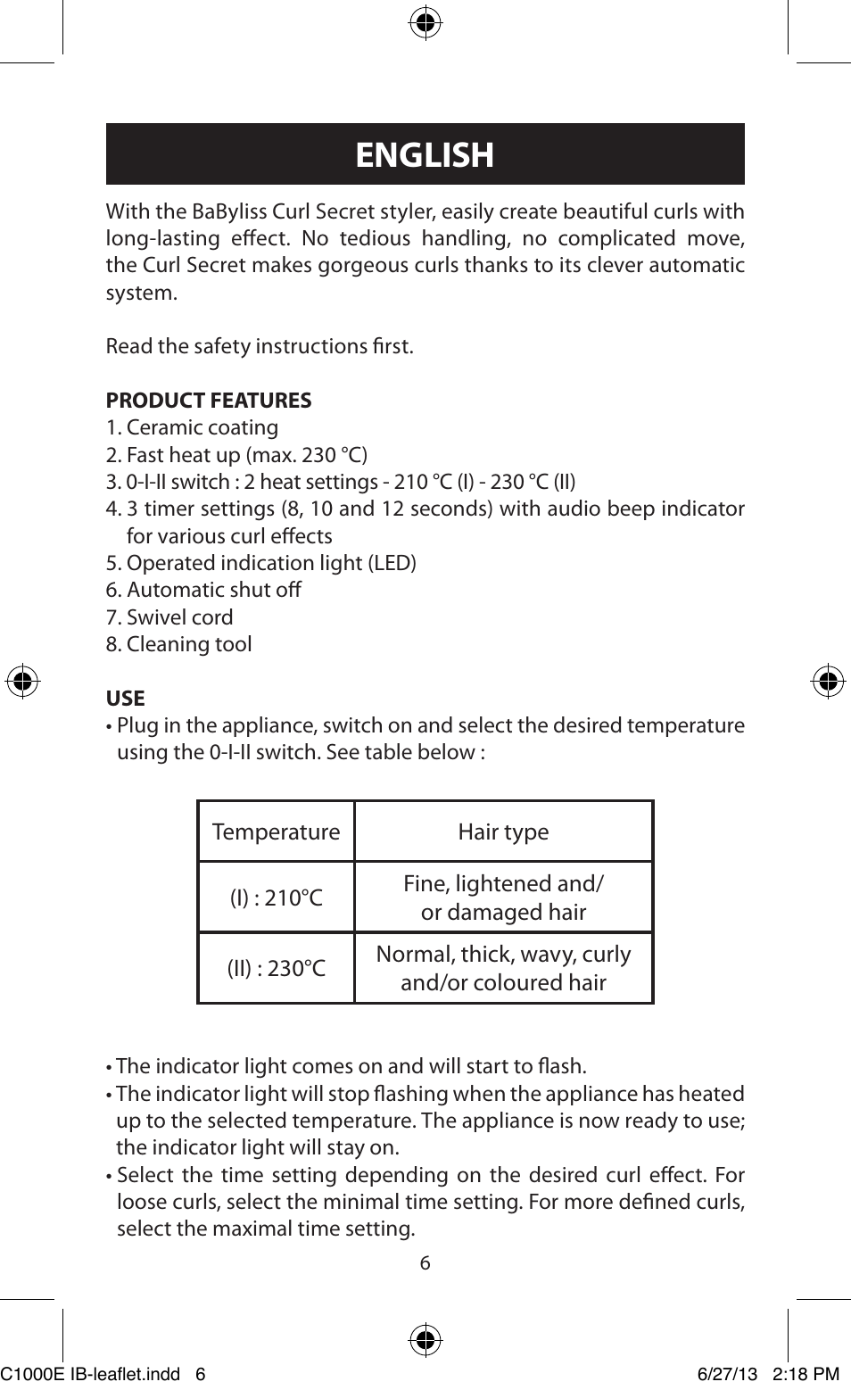 English | Babyliss C1000E Curl Secret User Manual | Page 6 / 56