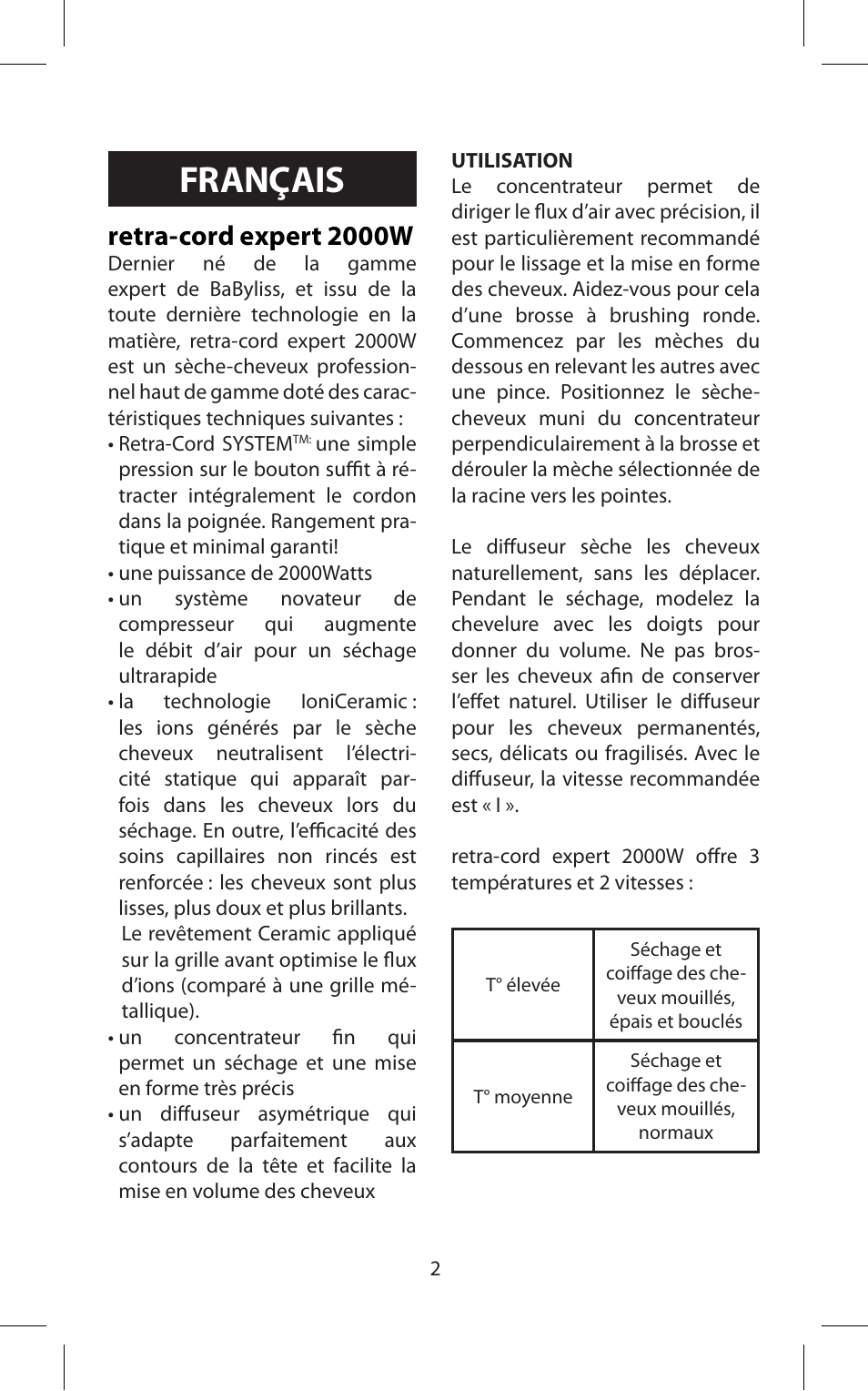 Français, Retra-cord expert 2000w | Babyliss D171E Expert User Manual | Page 2 / 36