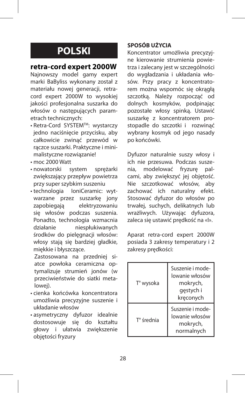 Polski, Retra-cord expert 2000w | Babyliss D171E Expert User Manual | Page 28 / 36