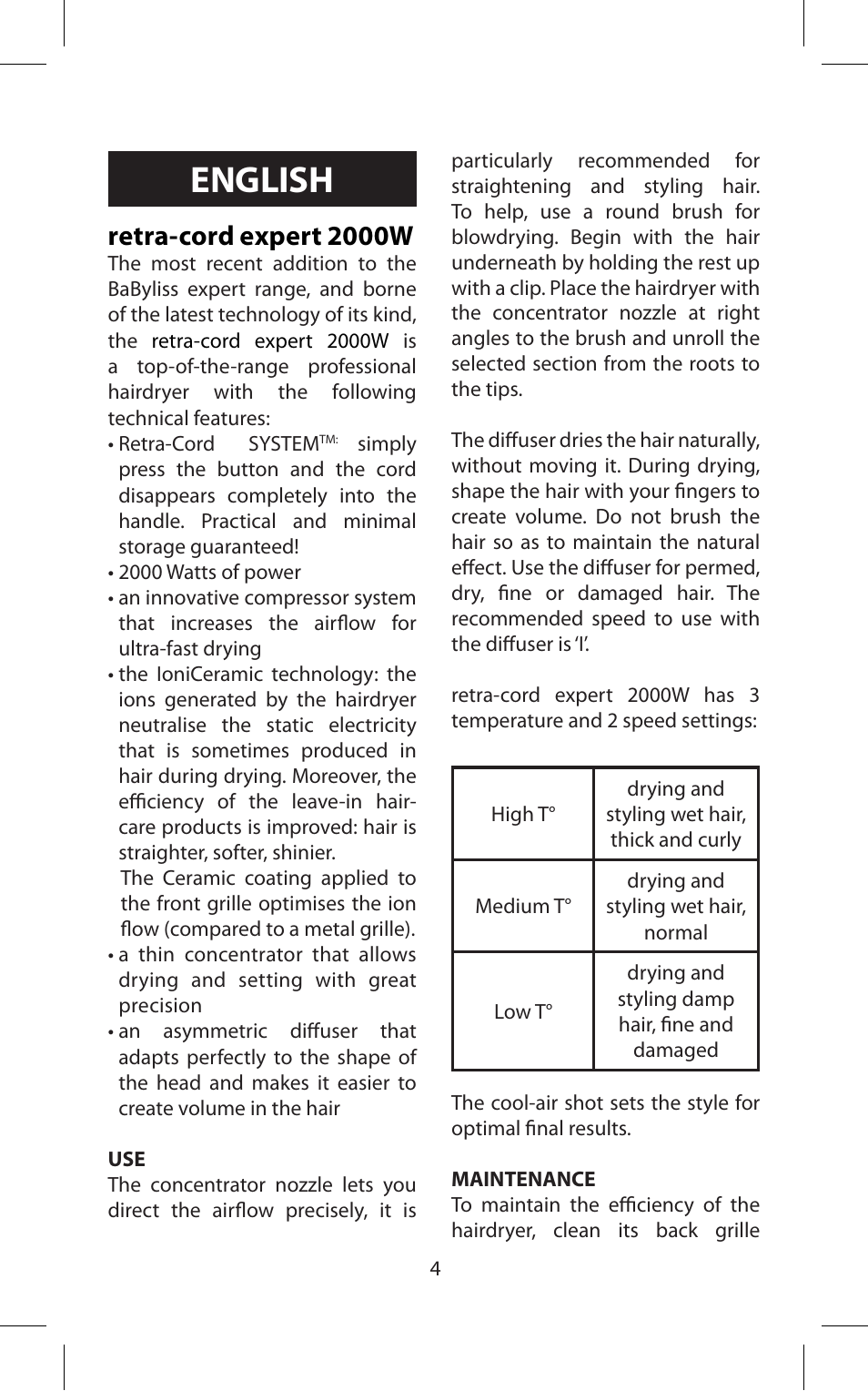 English, Retra-cord expert 2000w | Babyliss D171E Expert User Manual | Page 4 / 36