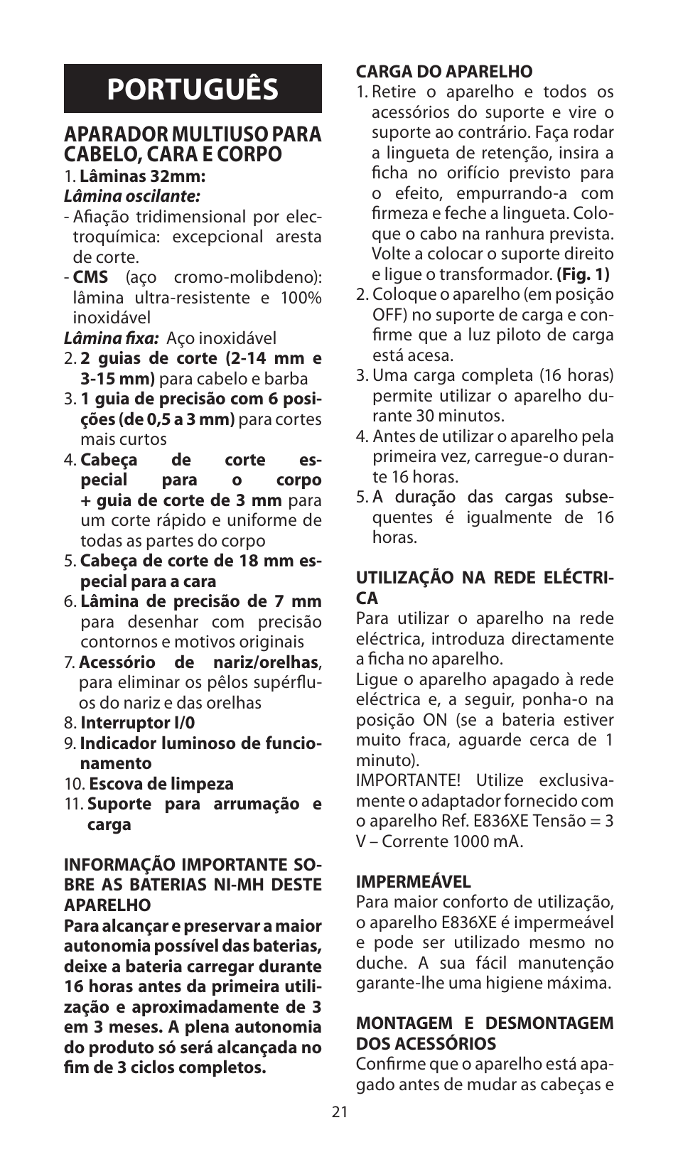 Português, Aparador multiuso para cabelo, cara e corpo | Babyliss E836XE X-10 User Manual | Page 21 / 56
