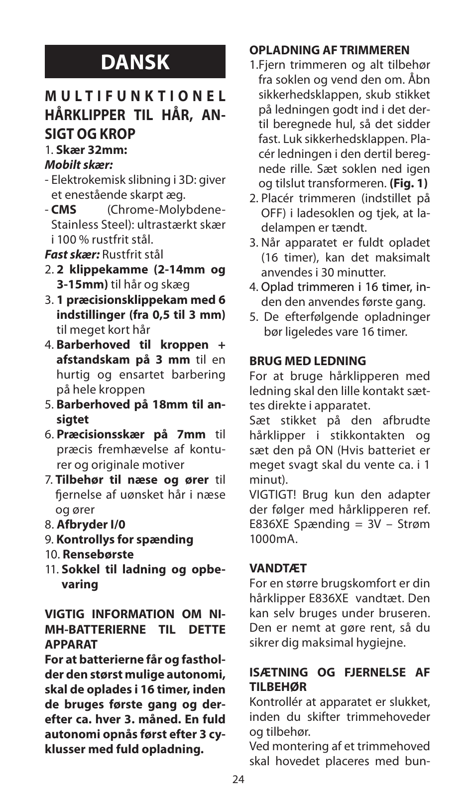 Dansk | Babyliss E836XE X-10 User Manual | Page 24 / 56