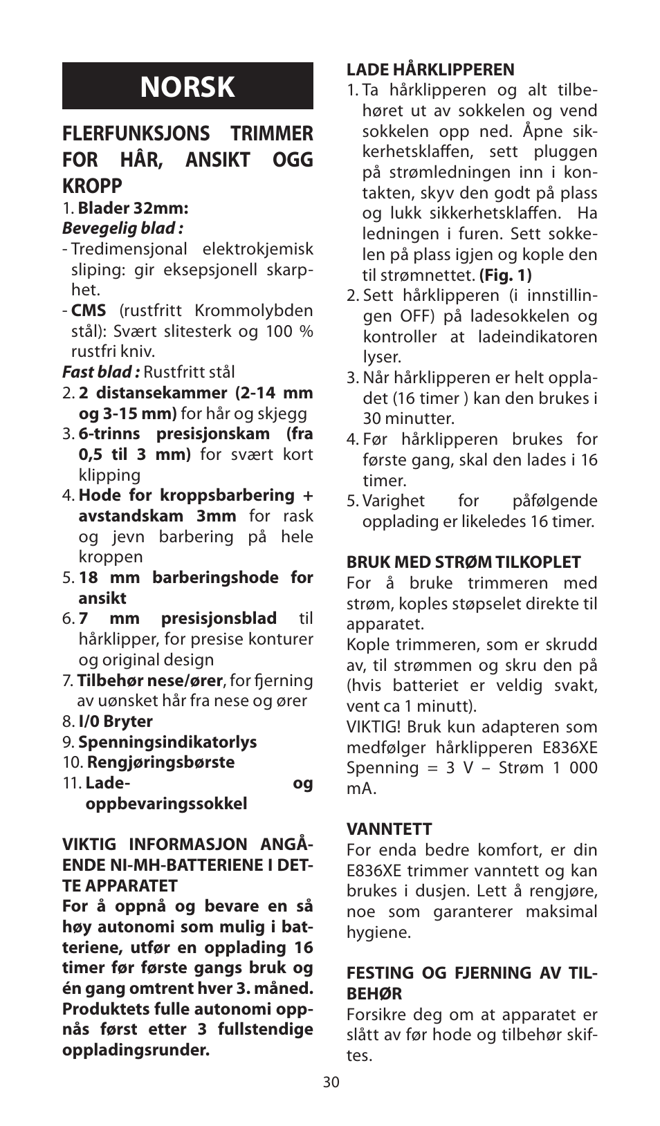 Norsk, Flerfunksjons trimmer for hâr, ansikt ogg kropp | Babyliss E836XE X-10 User Manual | Page 30 / 56