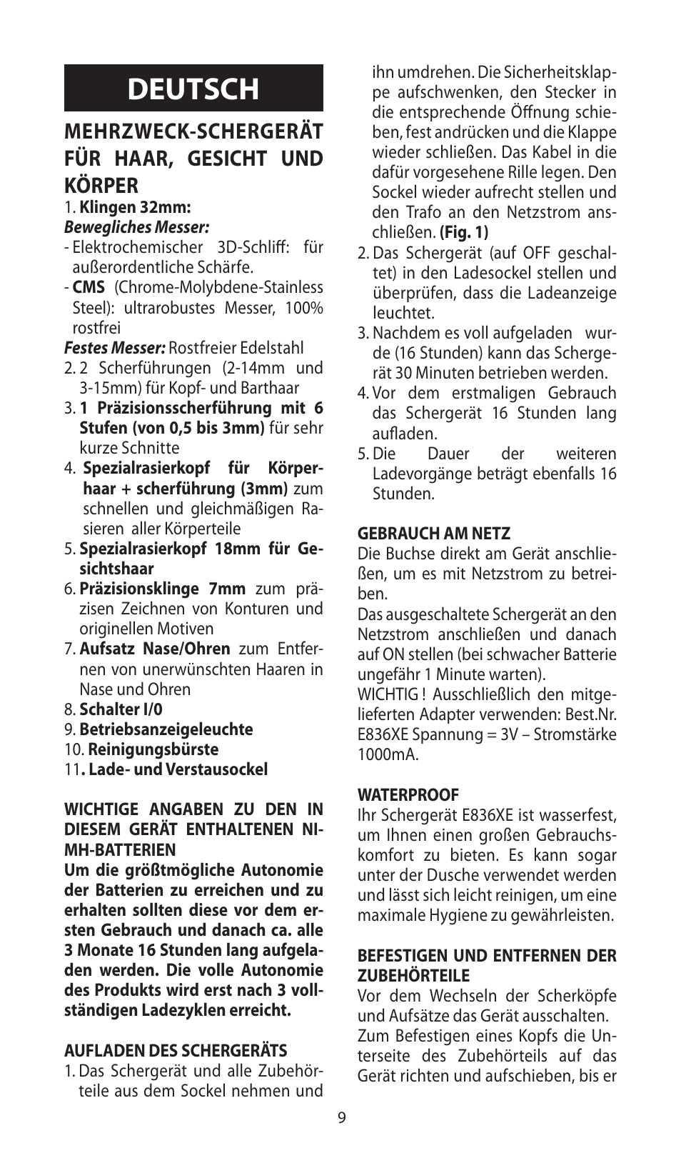 Deutsch, Mehrzweck-schergerät für haar, gesicht und körper | Babyliss E836XE X-10 User Manual | Page 9 / 56