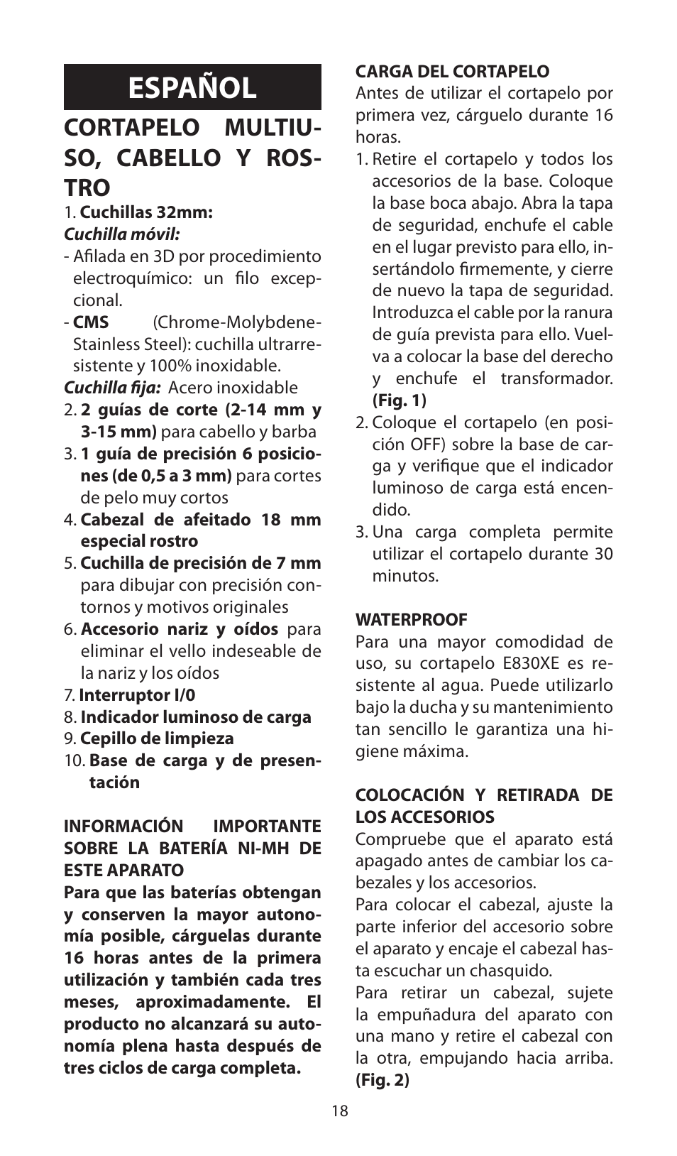 Español, Cortapelo multiu- so, cabello y ros- tro | Babyliss E830XE X-8 User Manual | Page 18 / 56