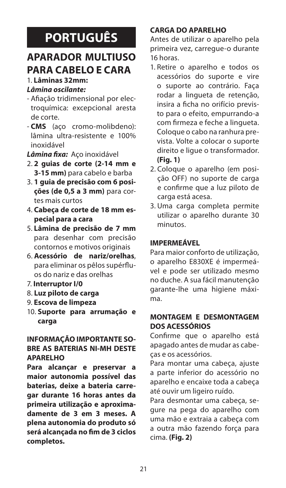 Português, Aparador multiuso para cabelo e cara | Babyliss E830XE X-8 User Manual | Page 21 / 56