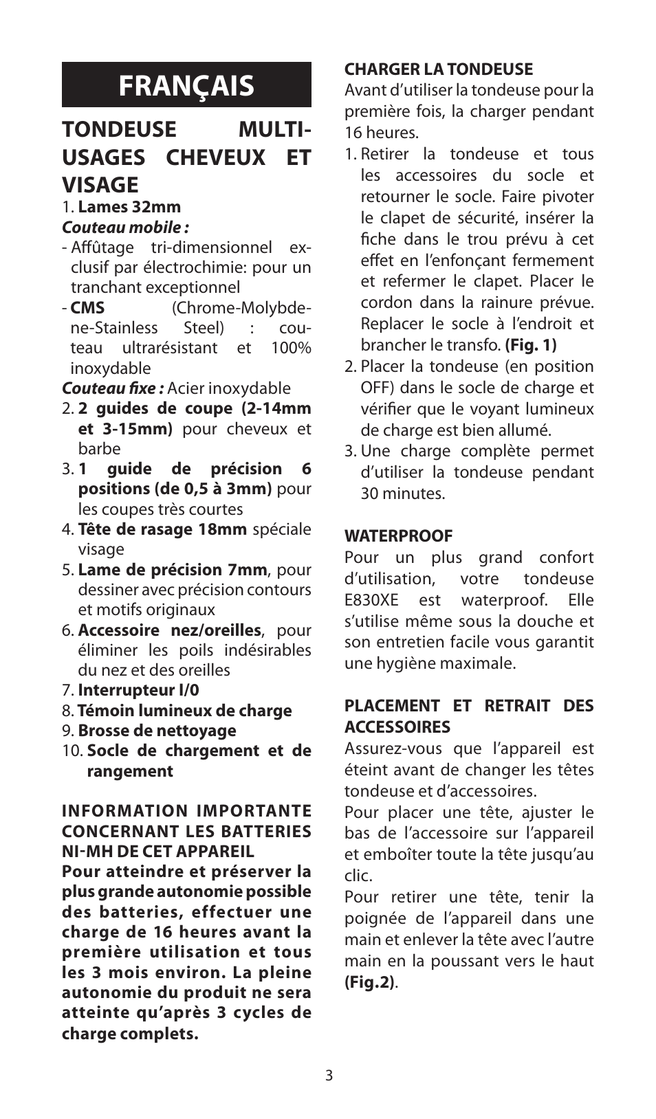 Français, Tondeuse multi- usages cheveux et visage | Babyliss E830XE X-8 User Manual | Page 3 / 56