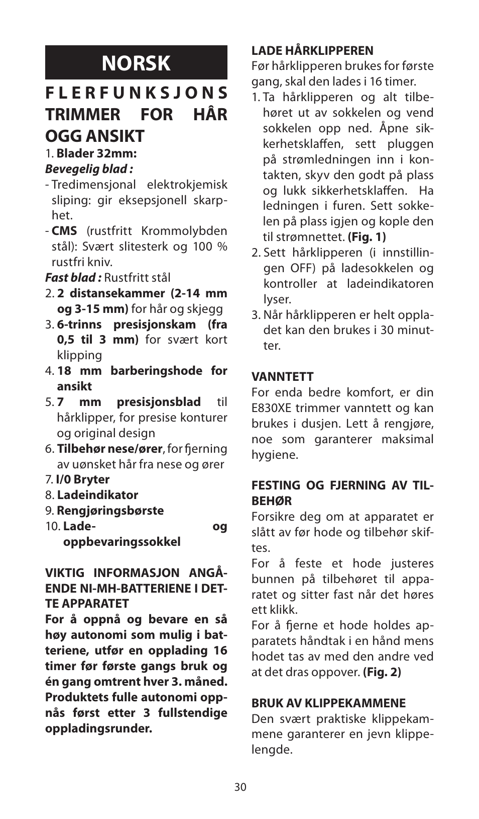 Norsk | Babyliss E830XE X-8 User Manual | Page 30 / 56