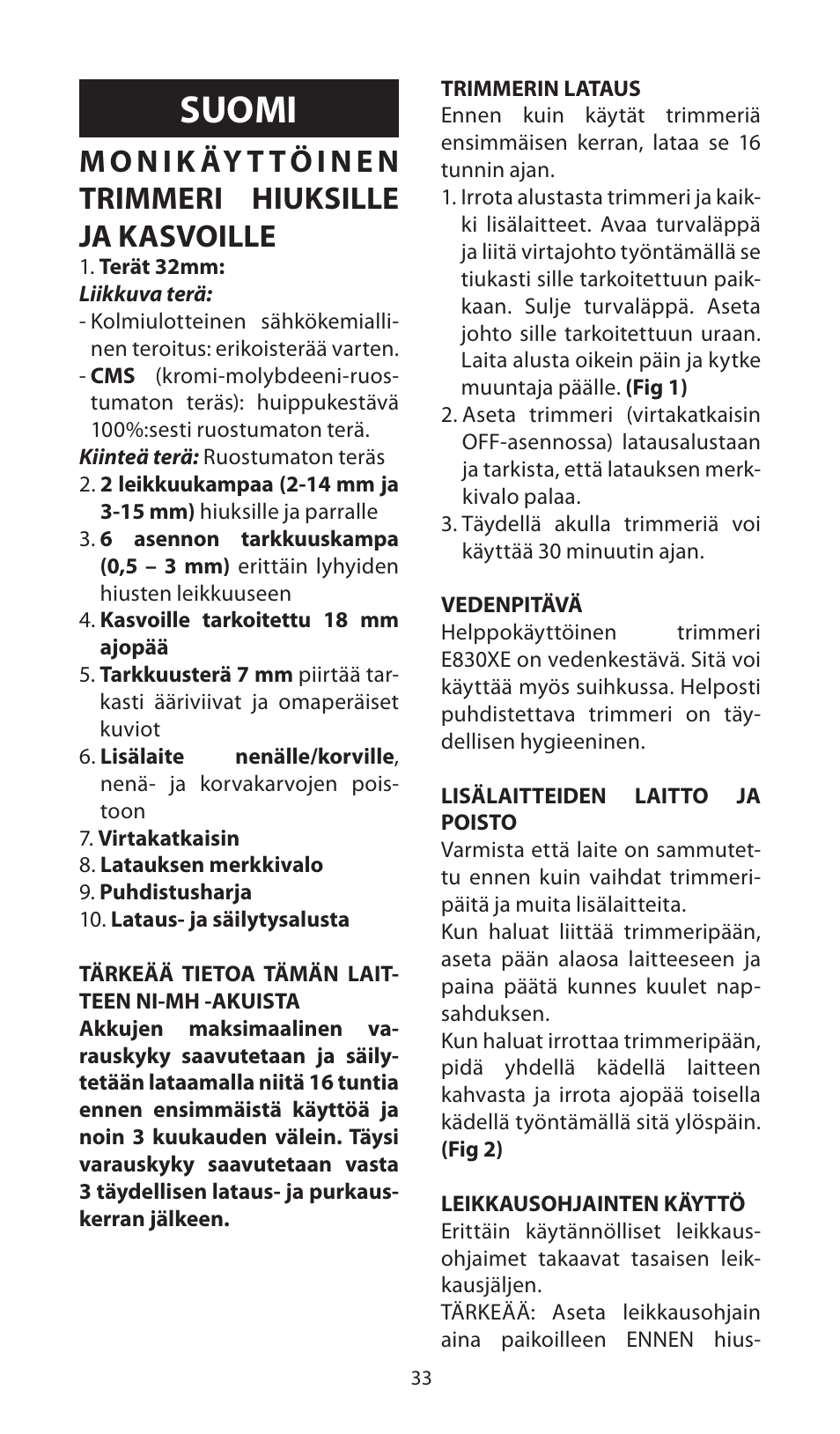 Suomi | Babyliss E830XE X-8 User Manual | Page 33 / 56