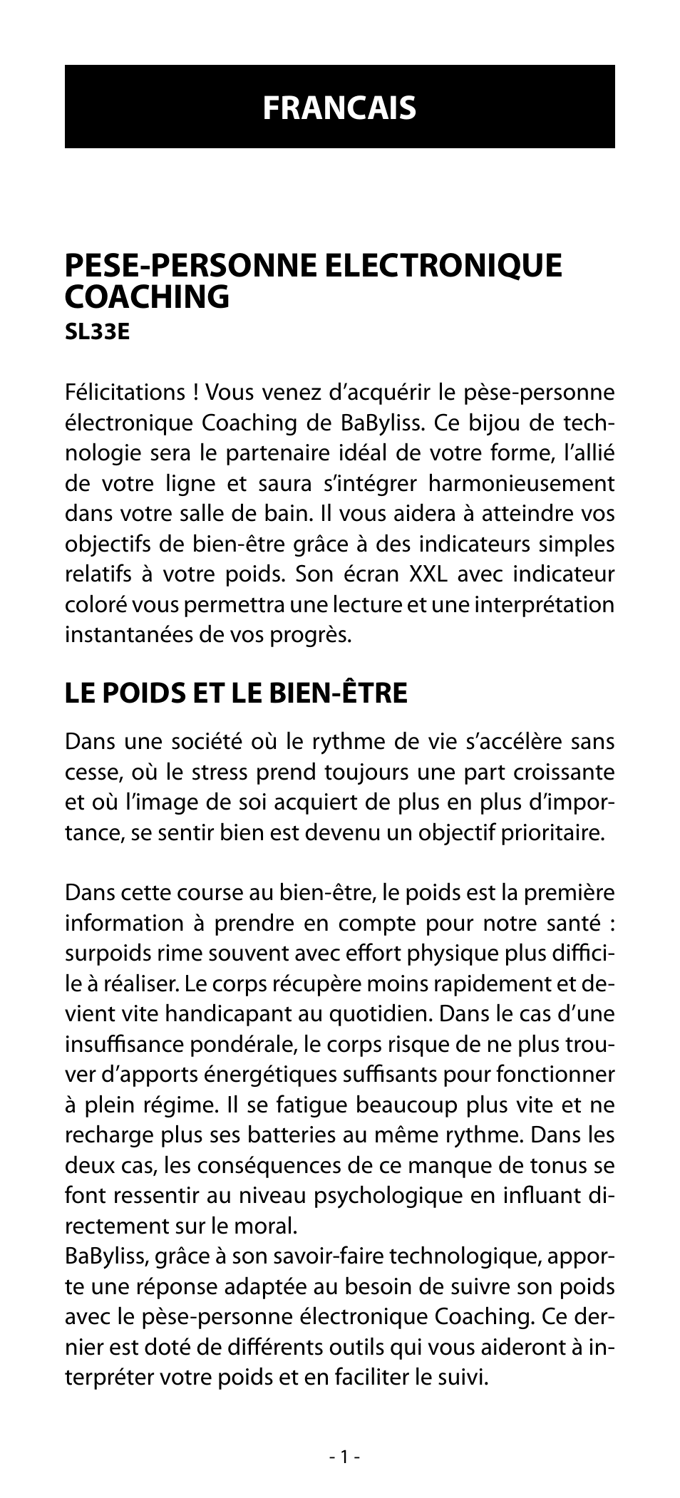 Babyliss SL33E PESE-PERSONNE ELECTRONIQUE COACHING User Manual | 78 pages