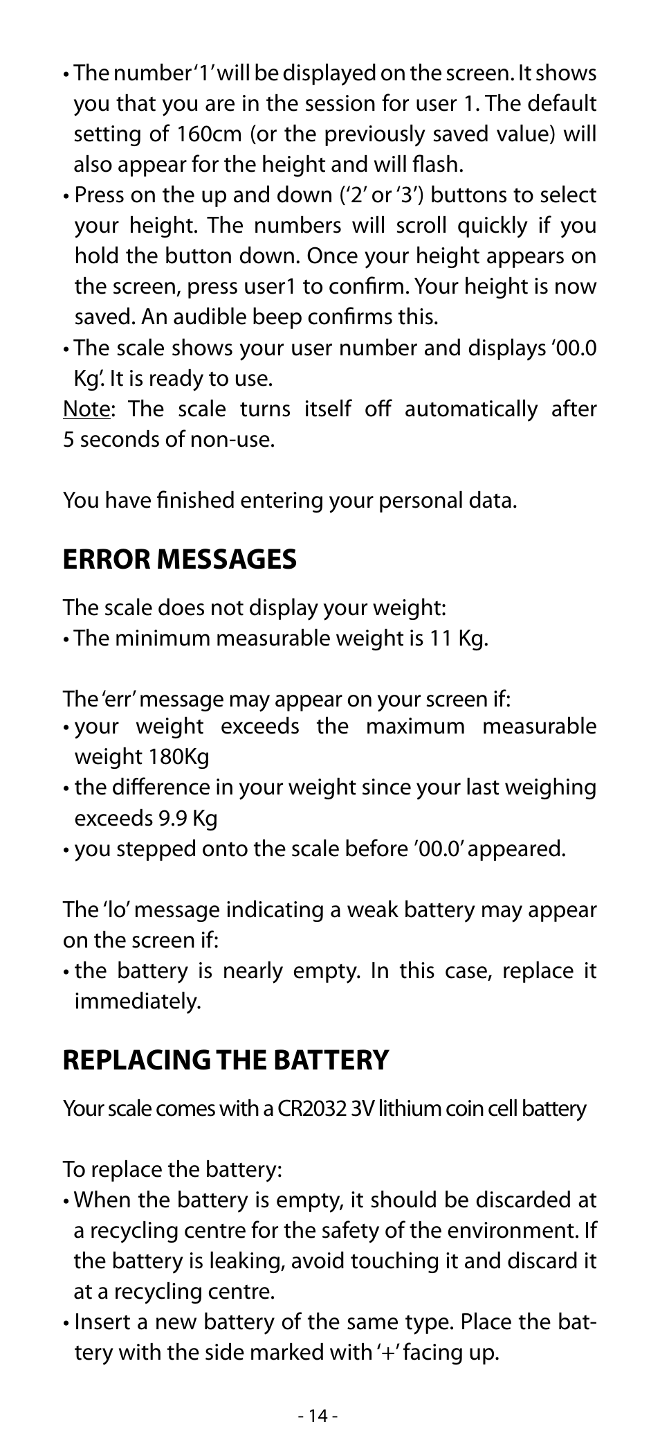 Error messages, Replacing the battery | Babyliss SL33E PESE-PERSONNE ELECTRONIQUE COACHING User Manual | Page 14 / 78