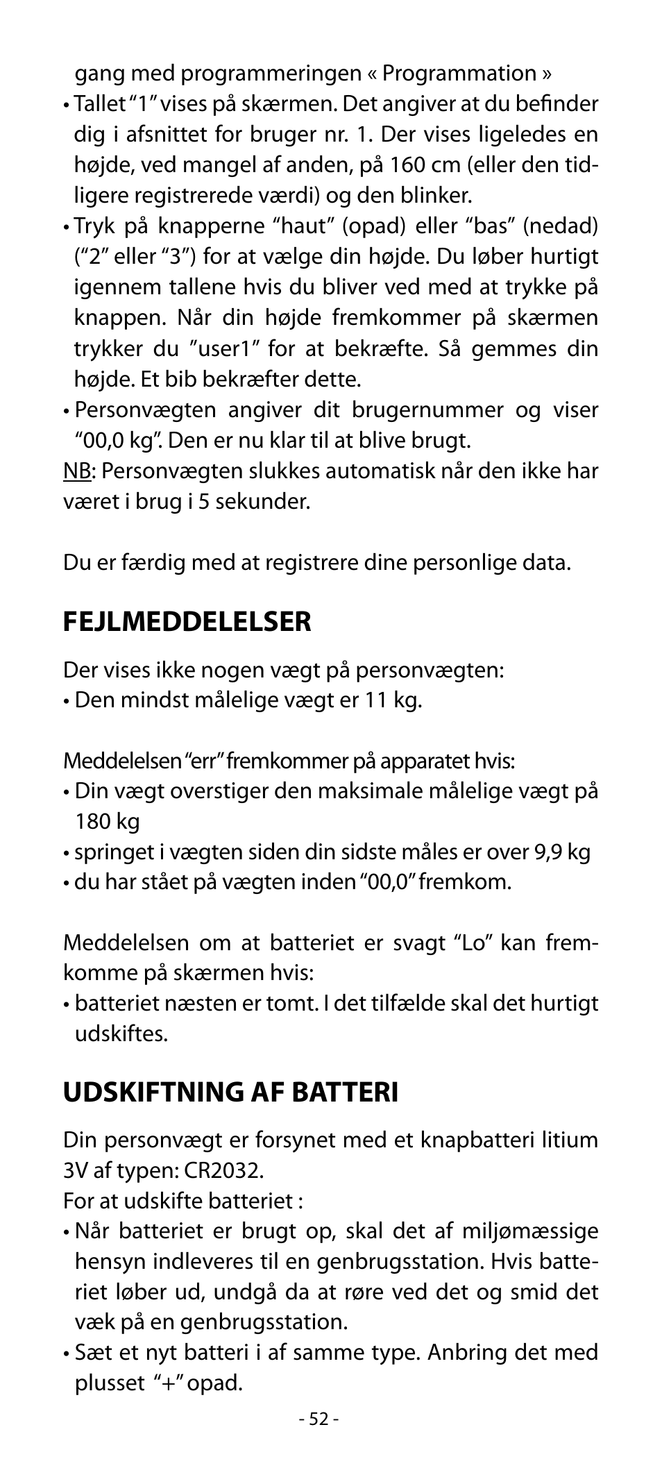 Fejlmeddelelser, Udskiftning af batteri | Babyliss SL33E PESE-PERSONNE ELECTRONIQUE COACHING User Manual | Page 52 / 78