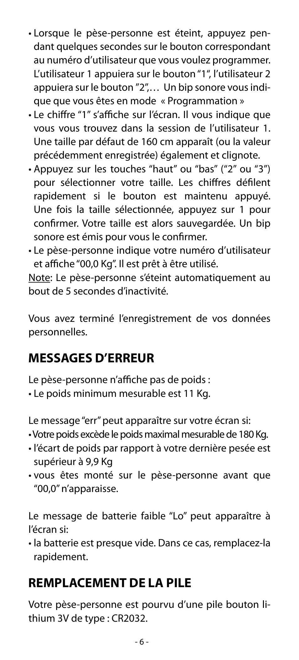 Messages d’erreur, Remplacement de la pile | Babyliss SL33E PESE-PERSONNE ELECTRONIQUE COACHING User Manual | Page 6 / 78