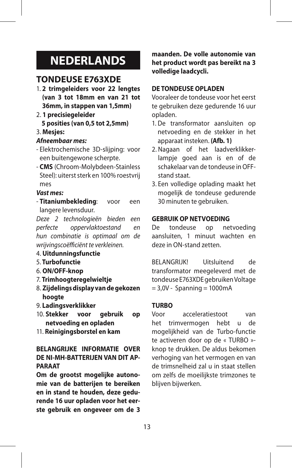 Nederlands, Tondeuse e763xde | Babyliss E763XDE/764XDE Hair clipper User Manual | Page 13 / 56