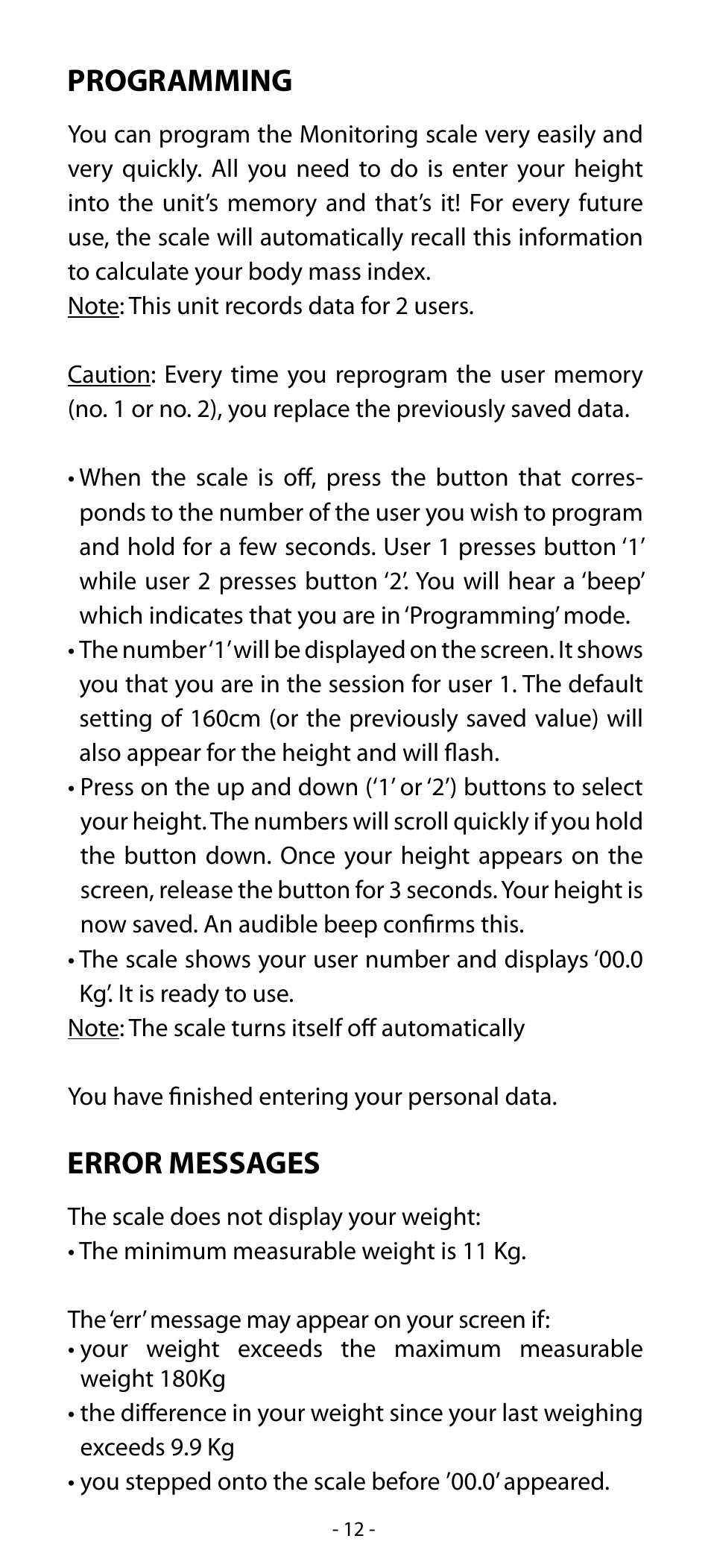 Programming, Error messages | Babyliss SL31 Electronic Monitoring Scale User Manual | Page 12 / 72