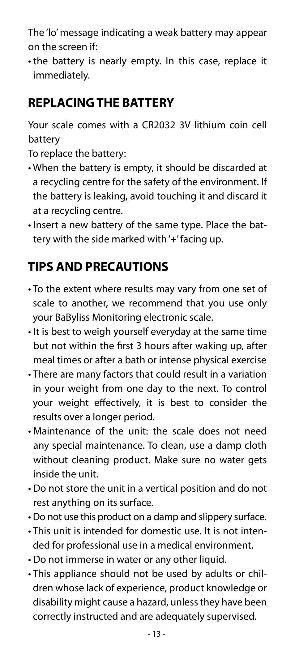 Replacing the battery, Tips and precautions | Babyliss SL31 Electronic Monitoring Scale User Manual | Page 13 / 72