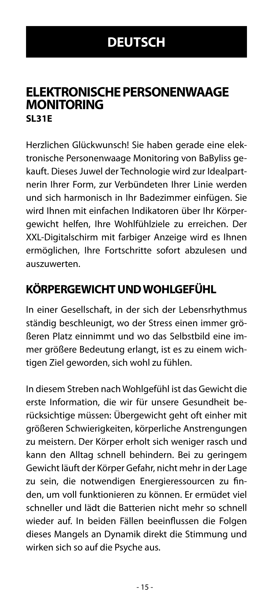 Elektronische personenwaage monitoring, Deutsch | Babyliss SL31 Electronic Monitoring Scale User Manual | Page 15 / 72