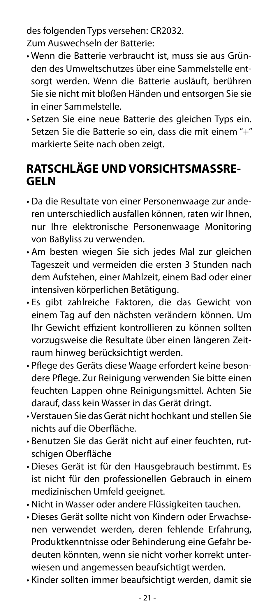 Ratschläge und vorsichtsmassre- geln | Babyliss SL31 Electronic Monitoring Scale User Manual | Page 21 / 72