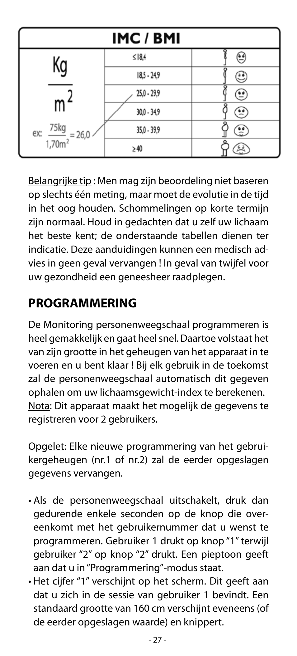 Programmering | Babyliss SL31 Electronic Monitoring Scale User Manual | Page 27 / 72