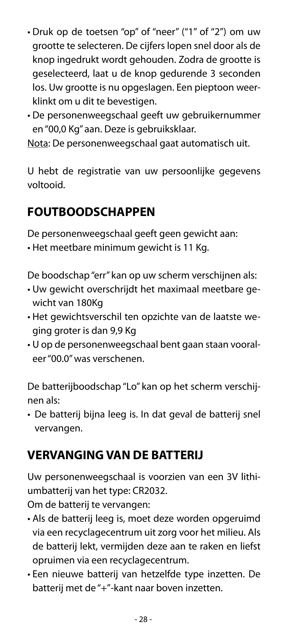 Foutboodschappen, Vervanging van de batterij | Babyliss SL31 Electronic Monitoring Scale User Manual | Page 28 / 72