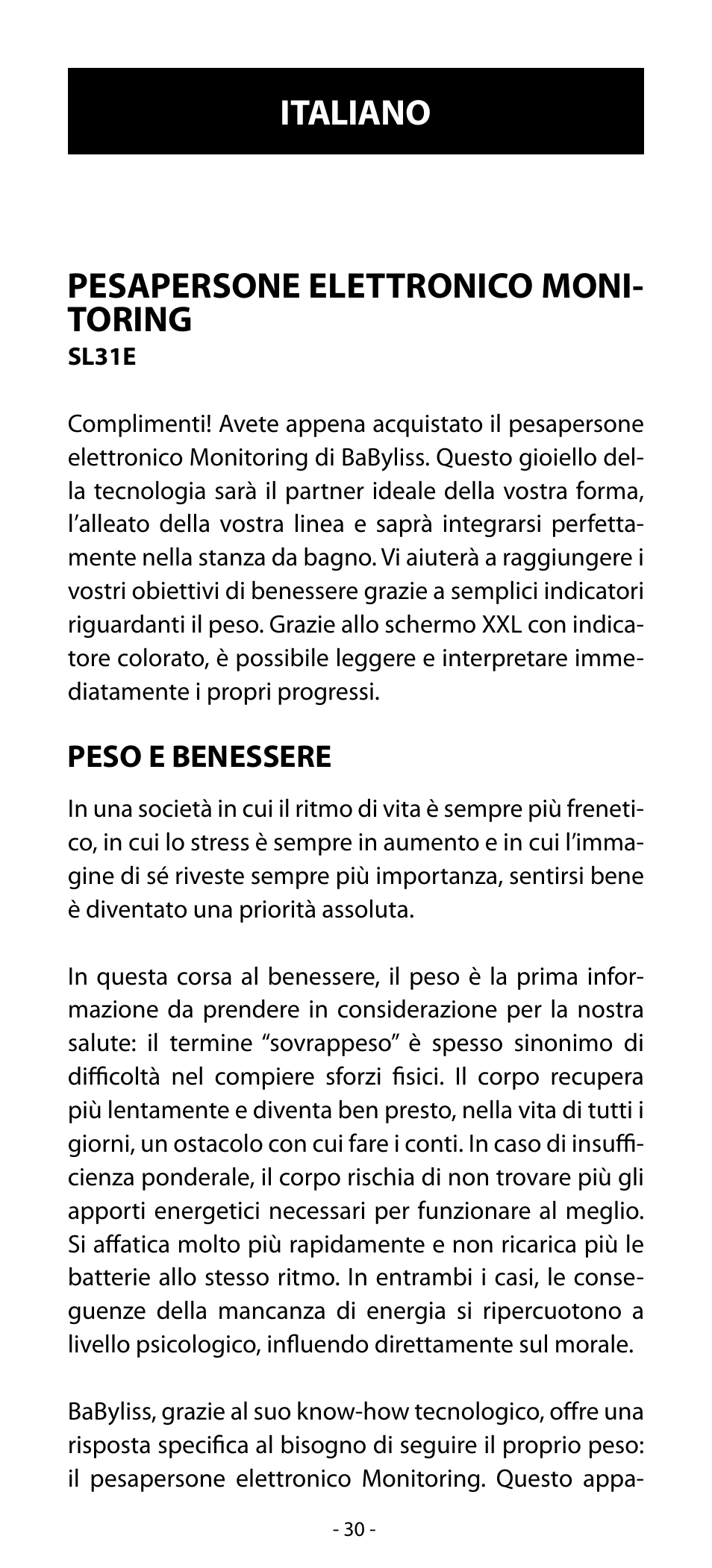 Pesapersone elettronico moni- toring, Italiano | Babyliss SL31 Electronic Monitoring Scale User Manual | Page 30 / 72