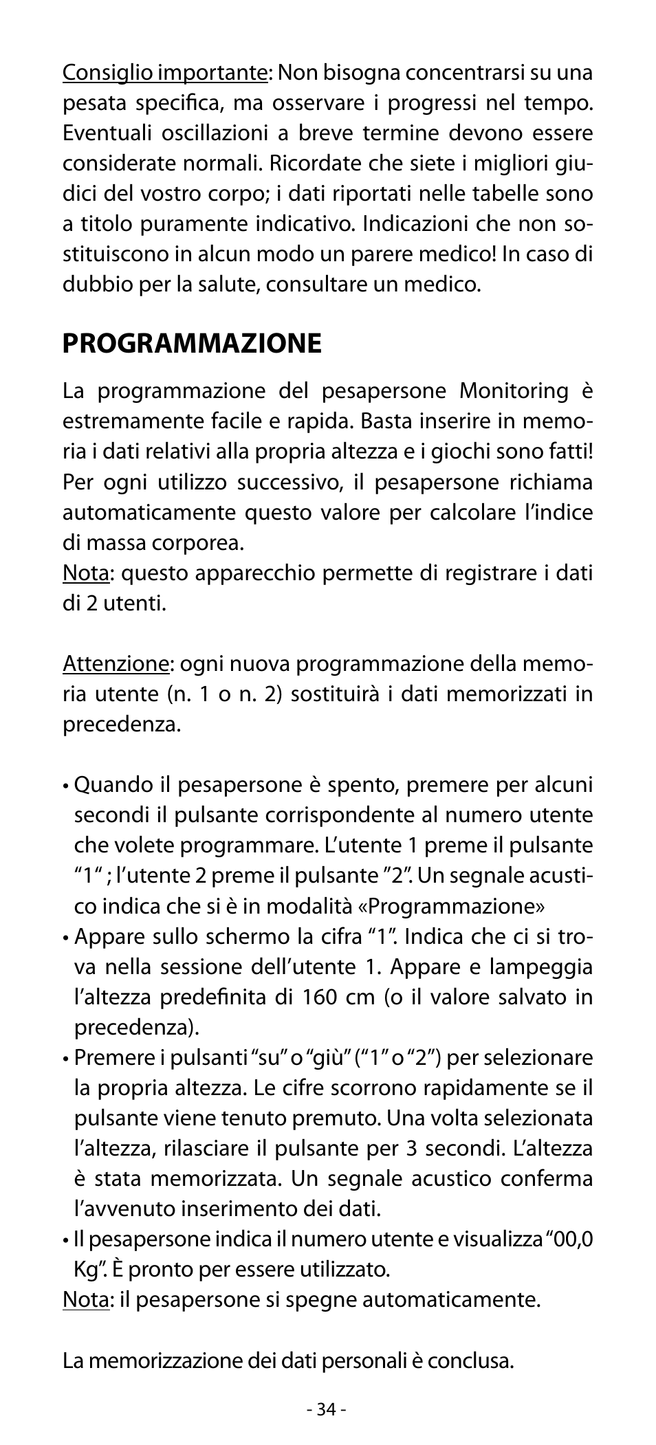 Programmazione | Babyliss SL31 Electronic Monitoring Scale User Manual | Page 34 / 72