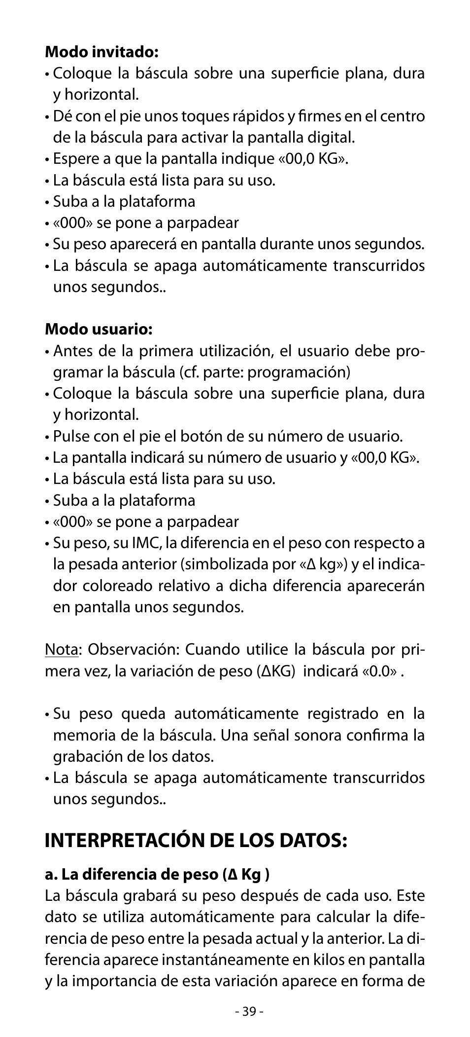 Interpretación de los datos | Babyliss SL31 Electronic Monitoring Scale User Manual | Page 39 / 72