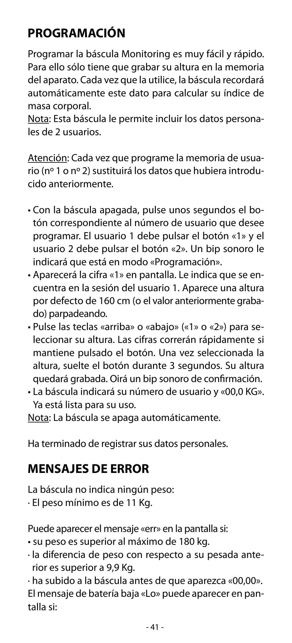 Programación, Mensajes de error | Babyliss SL31 Electronic Monitoring Scale User Manual | Page 41 / 72