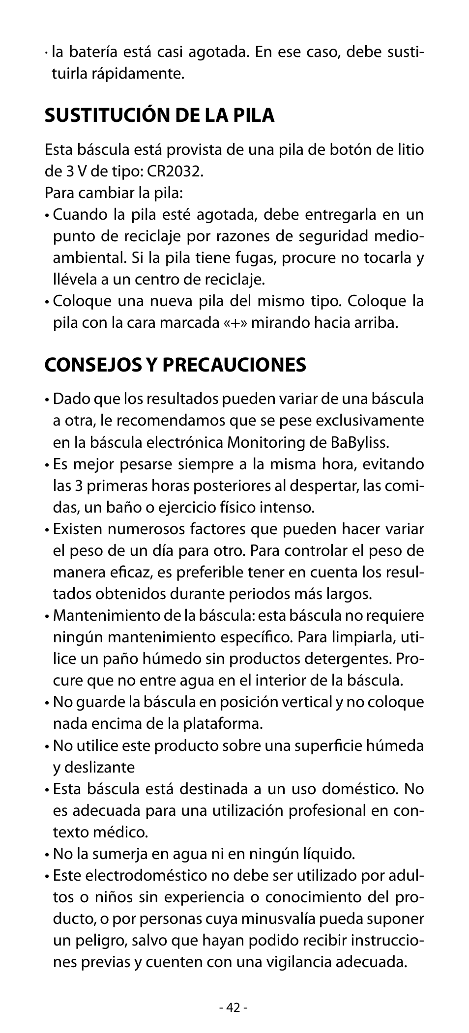 Sustitución de la pila, Consejos y precauciones | Babyliss SL31 Electronic Monitoring Scale User Manual | Page 42 / 72