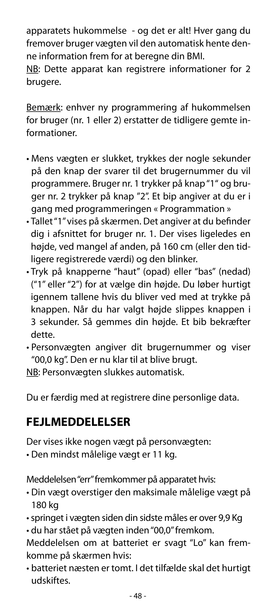 Fejlmeddelelser | Babyliss SL31 Electronic Monitoring Scale User Manual | Page 48 / 72