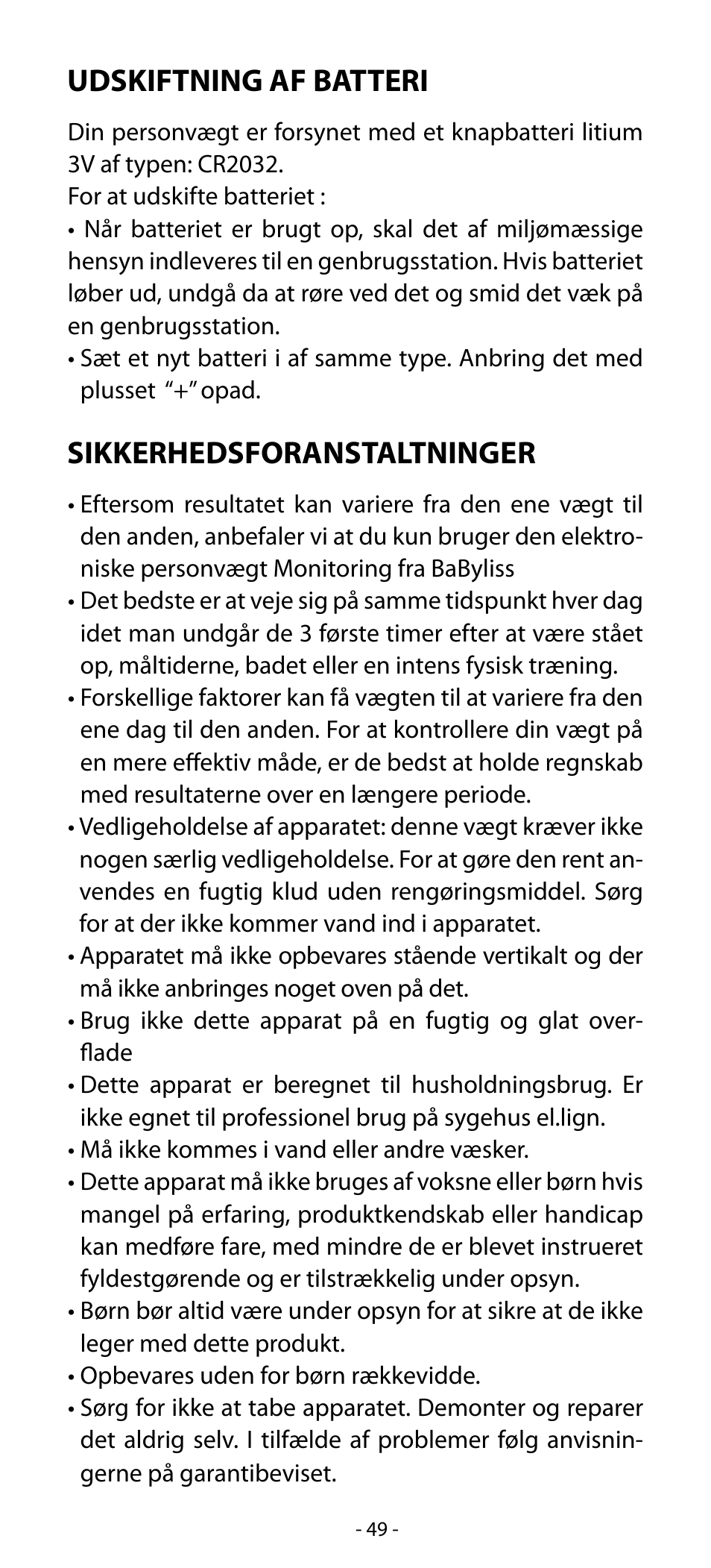 Udskiftning af batteri, Sikkerhedsforanstaltninger | Babyliss SL31 Electronic Monitoring Scale User Manual | Page 49 / 72
