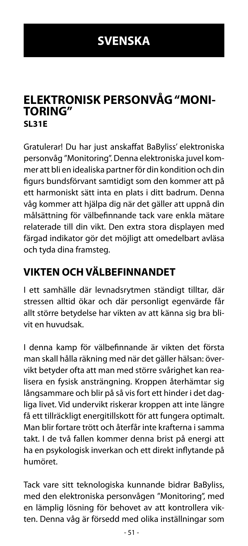 Elektronisk personvåg “moni- toring, Svenska | Babyliss SL31 Electronic Monitoring Scale User Manual | Page 51 / 72