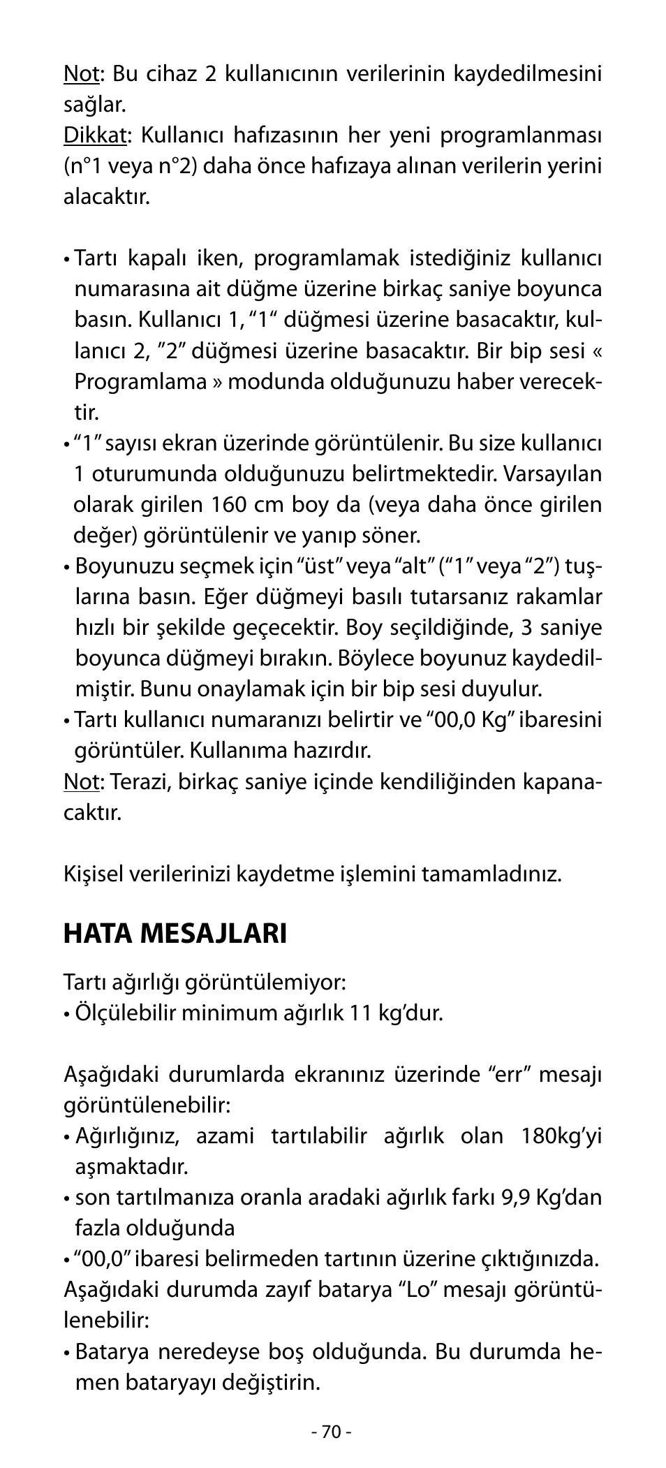 Hata mesajlari | Babyliss SL31 Electronic Monitoring Scale User Manual | Page 70 / 72