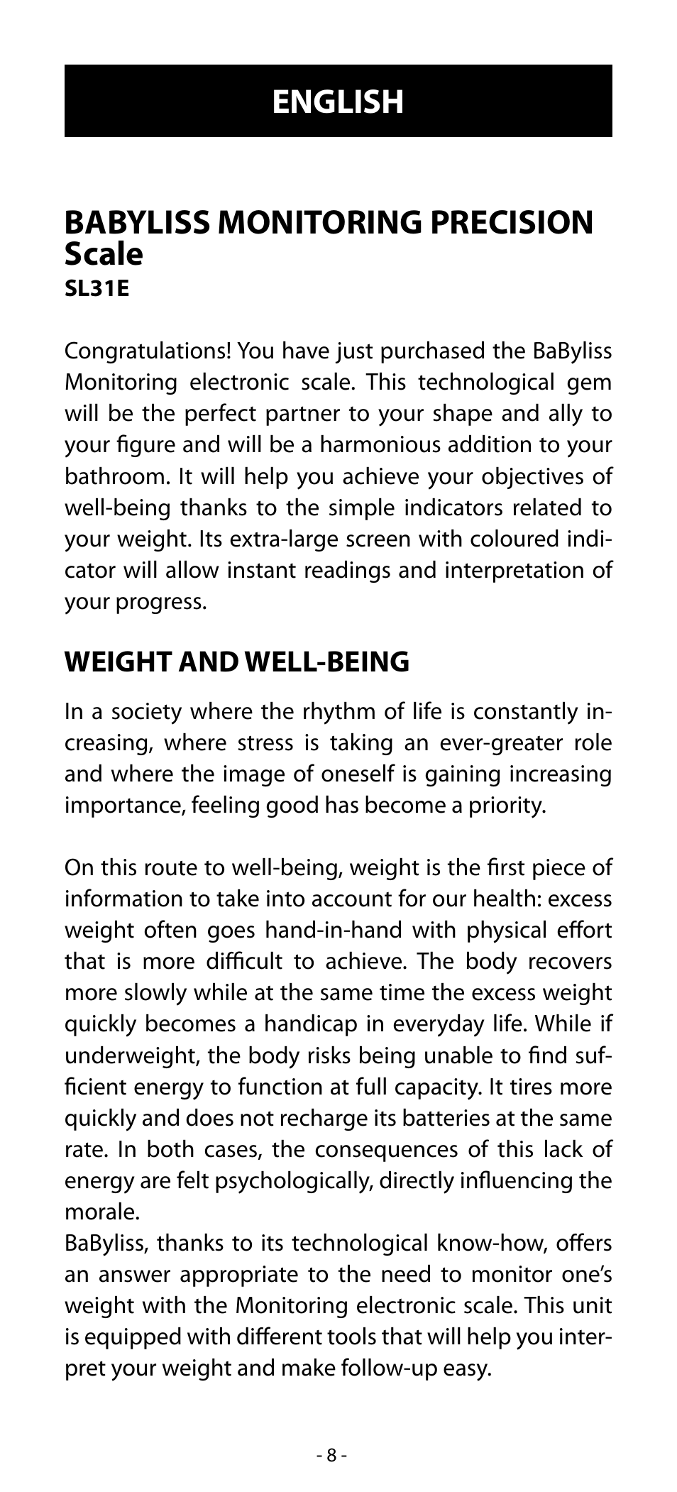 Babyliss monitoring precision scale, English | Babyliss SL31 Electronic Monitoring Scale User Manual | Page 8 / 72