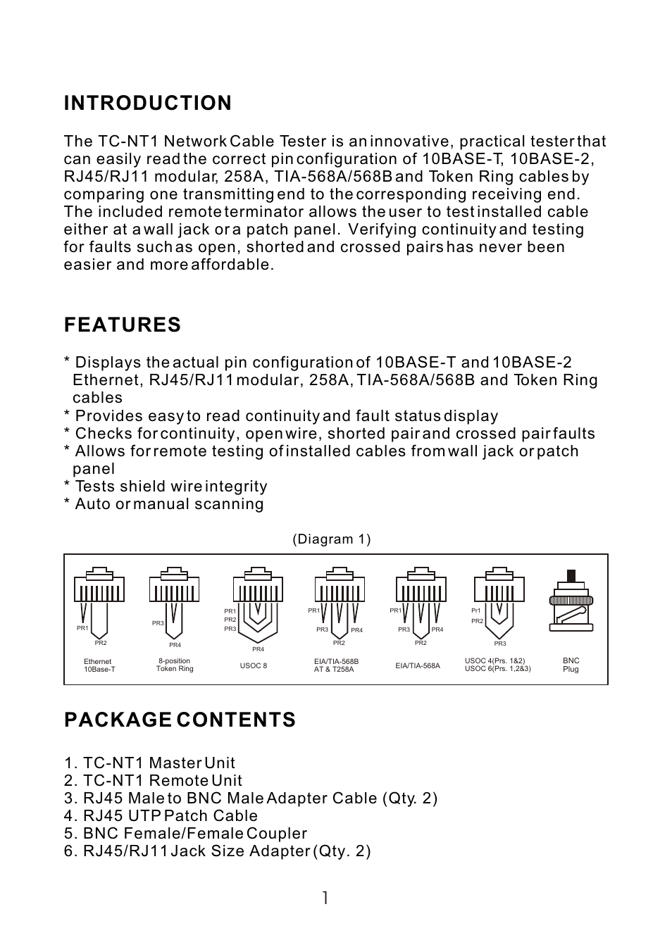 Introduction, Features, Package contents | Diagram 1) | C2G 13138 TC-NT1 Network Cable Tester User Manual | Page 2 / 7