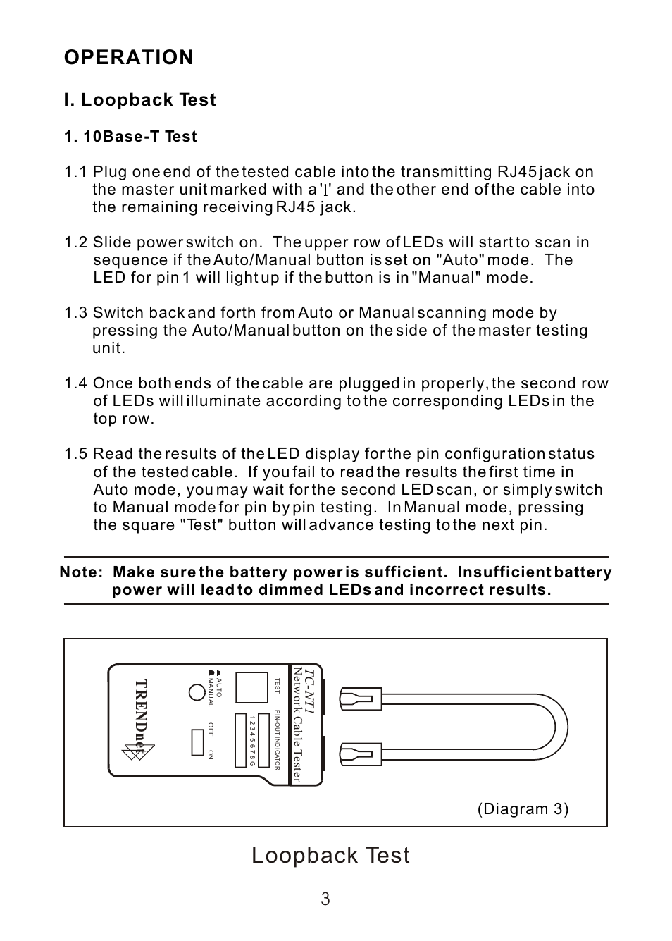 Loopback test, Operation, I. loopback test | C2G 13138 TC-NT1 Network Cable Tester User Manual | Page 4 / 7
