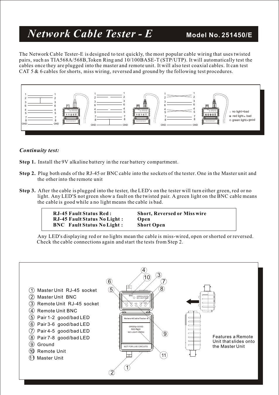Network cable tester - e, Continuity test | C2G 26854 Network Cable Tester-Pro User Manual | Page 2 / 2