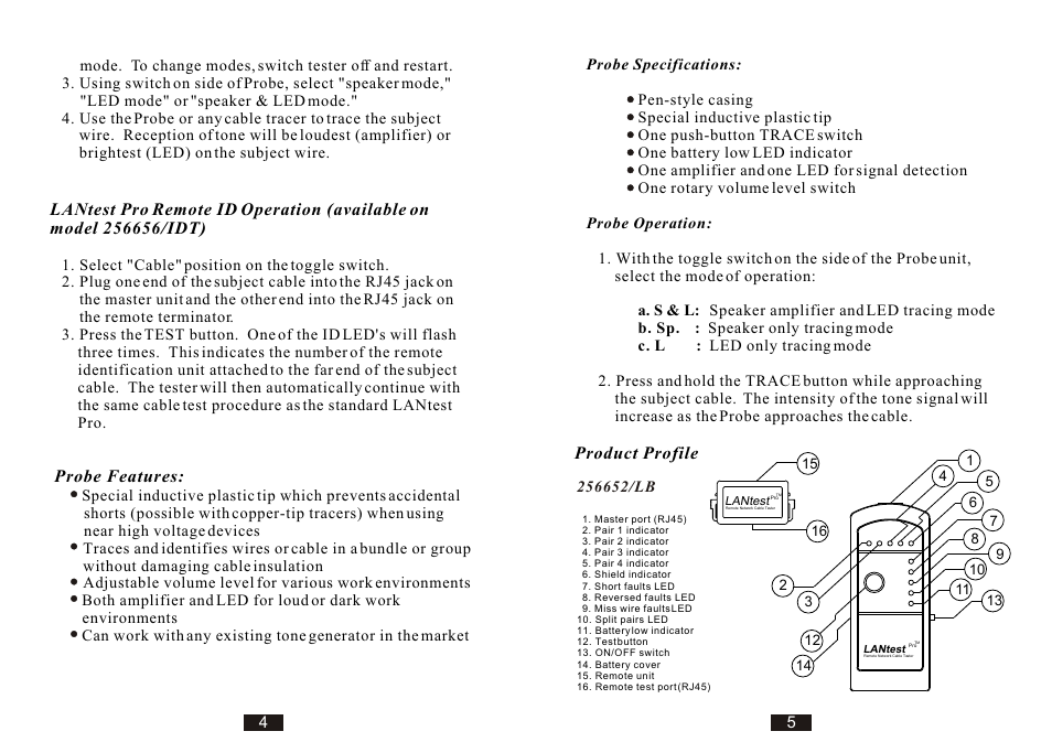 Probe features, Product profile | C2G 26847 LANtest Pro 256652 User Manual | Page 4 / 6