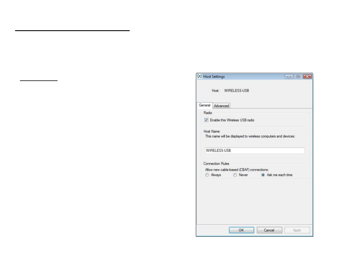 General tab (figure: host settings – general) | C2G 29578 WIRELESS USB HOST ADAPTER User Manual | Page 16 / 27