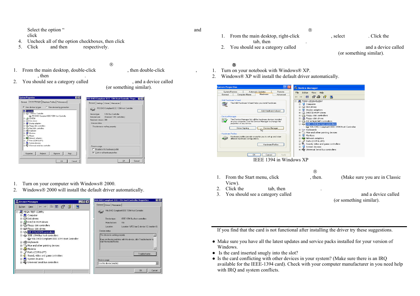 Windows® 2000 driver installation, Windows( xp driver installation, Problem checklist | C2G 29999 PORT AUTHORITY 3-PORT FIREWIRE PCI CARD User Manual | Page 2 / 2